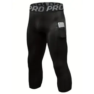 Men's Pro Compression Capris with Pockets - Quick-Dry, Stretchy Athletic Leggings for Basketball & Running, Breathable Polyester-Elastane Blend, Machine Washable