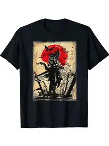 Japanese Samurai Bushido Graphic T-Shirt, Vintage Ink Wash Samurai Print Tee, Classic Crew Neck Shirt, Japanese Culture Casual Short Sleeve Top, Trendy Samurai Aesthetic Cotton Tee for Japan Culture Fans, Bushido Lovers and Vintage Art Enthusiasts