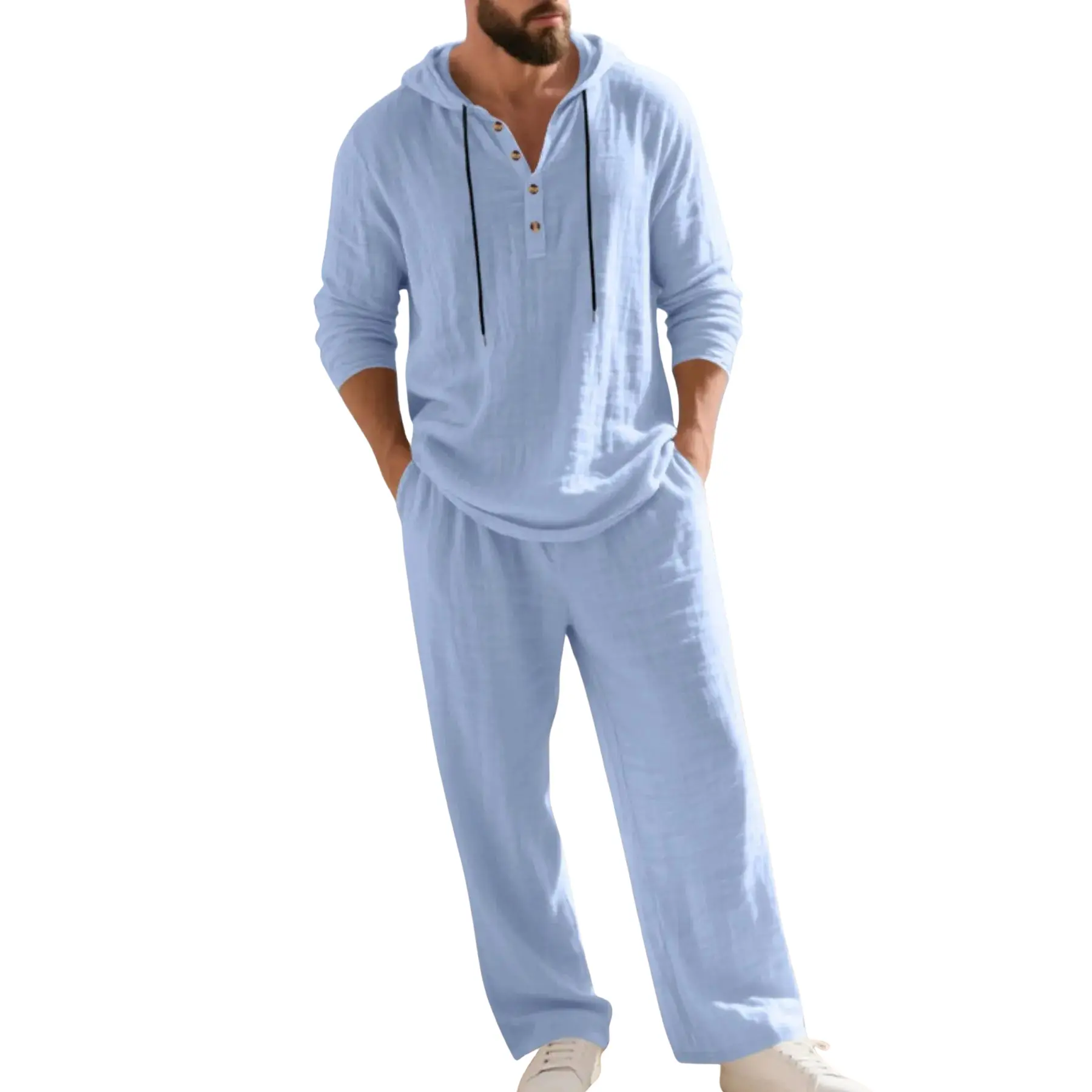 Men's 2 Piece Linen Set, Hooded Henley Shirt Long Sleeve Pants, Loose Fit Breathable Casual Outfit for Beach Vacation Daily Wear, Spring Summer Fall