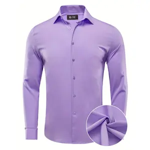 Men's Elegant 4-Way Stretch Dress Shirt - Wrinkle-Free, Long Sleeve, Lavender Purple, Polyester, Lapel Collar, Button Detail, Versatile for Casual & Semi-Formal Wear Top Menswear Wetsuit Beige Knife Plain