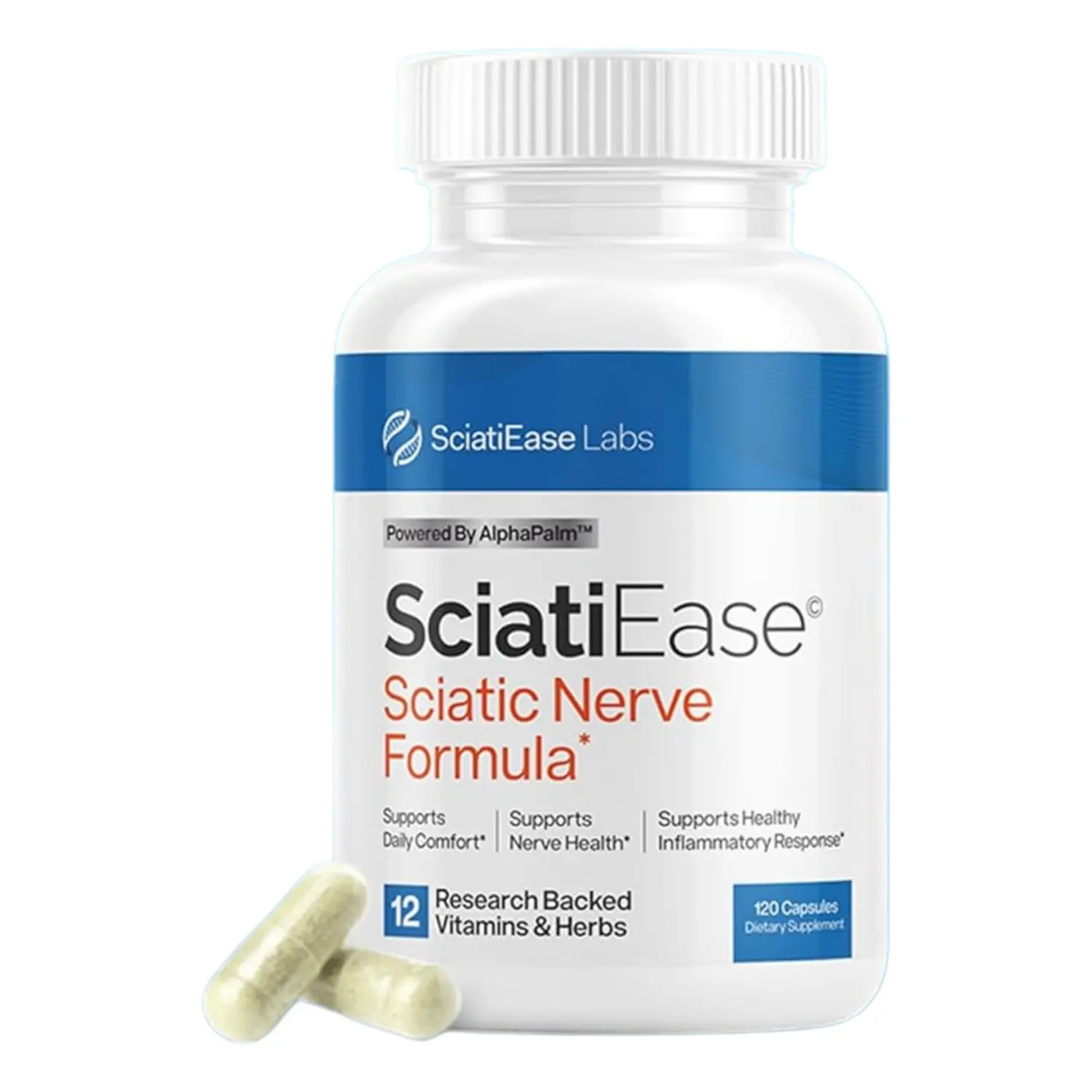 SciatiEase Sciatic Nerve Health Support Supplement - Nerve Support Formula with AlphaPalm, Pea, Vitamin B Complex, Alpha Lipoic Acid 300mg - 120 Capsules - Made in US