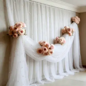 1/2 piece, 63*119inch romantic white pearl-embroidered tulle with eyelets at the top, perfect for holiday party decorations, arches/stage backdrops/windowsills, ideal for spring outdoor weddings and Valentine's Day.