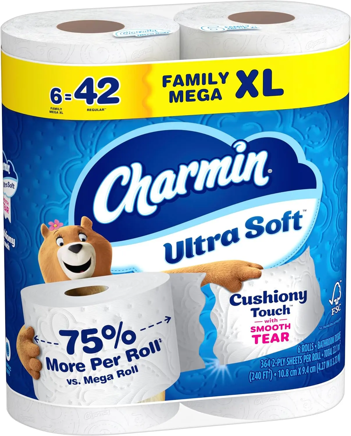 Ultra Soft Cushiony Touch Toilet Paper, 6 Family Mega XL Rolls = 42 Regular Rolls
