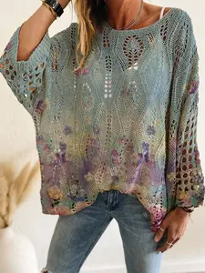 Spring Summer Women's Knit Top, One Shoulder Hollow Out Batwing Sleeve, Colorblock Floral Print Long Sleeve, Casual Boho Soft Elegance Commuter Wear Chic Elegant