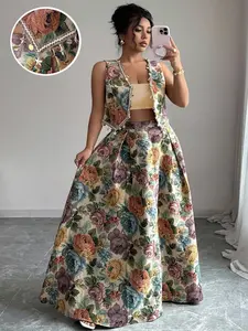 Women's Sleeveless Embroidered Vest & High-Waisted Long Skirt Set, Elegant Floral Design, Perfect for Casual Wear