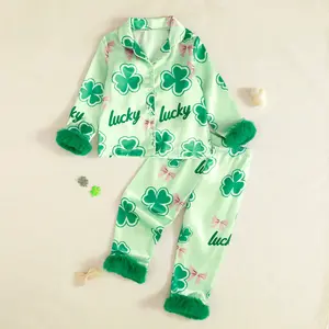 Global Baby 2026 St. Patrick's Day Irish Four-Leaf Clover Suit Children's Party Stage Toddler Girl  Satin Pajamas  Girls Satin Pajama Sets Long Sleeve Lapel Button Up Clover Print Shirt