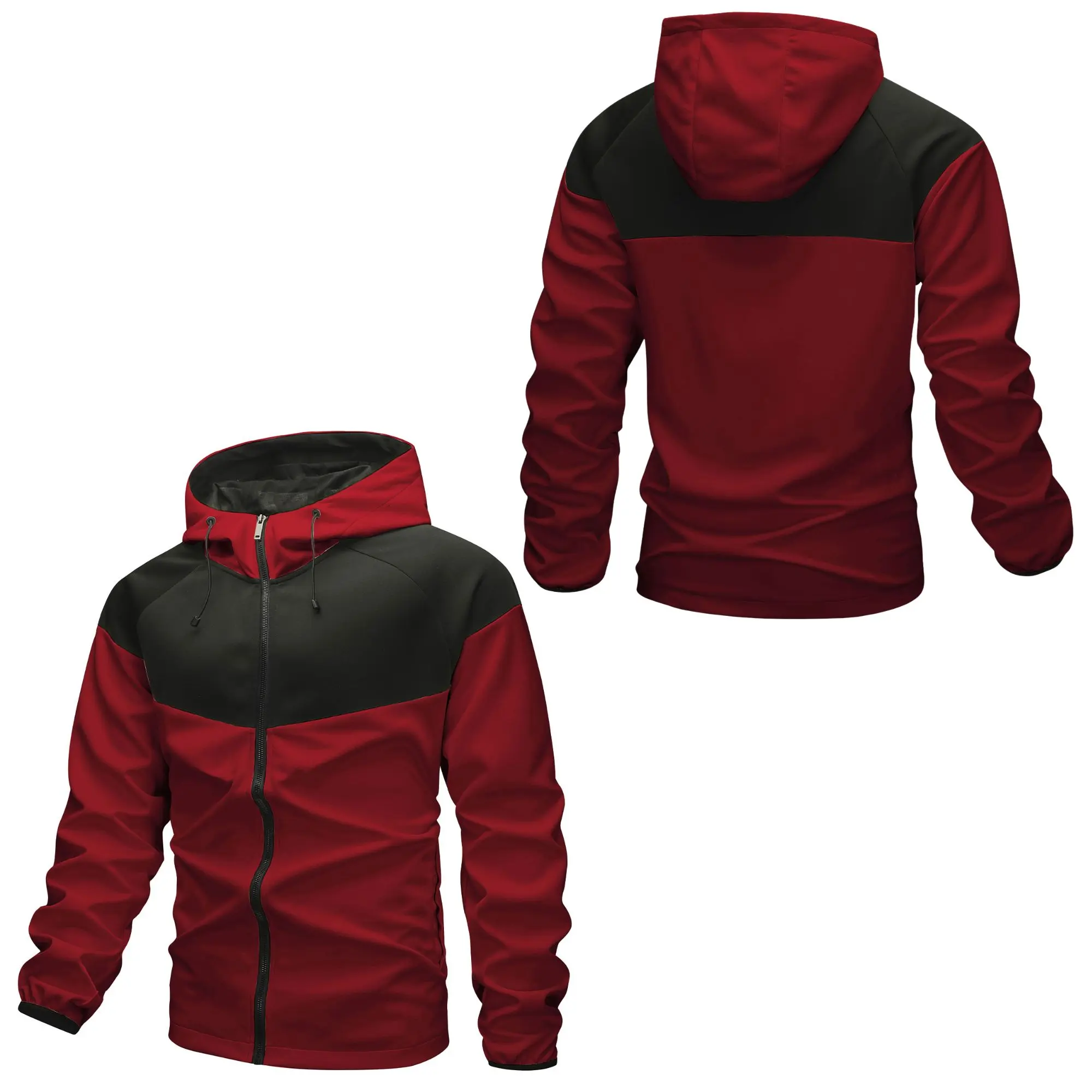 Men’s color-block hooded jacket with adjustable drawstring hood and elastic cuffs at the sleeves; loose fit, lightweight, windproof outdoor sports jacket