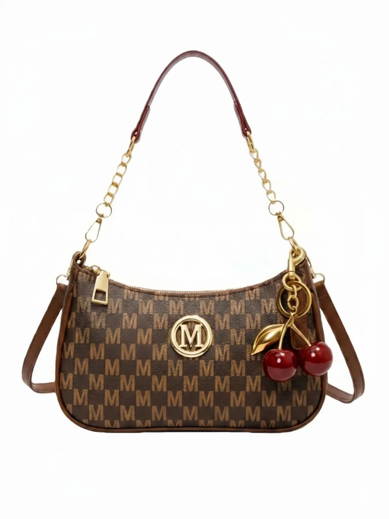 New Fashion Classic PU Waterproof M Letter Design Cherry Keychain Metal Chain Shoulder Crossbody Bag for Shopping and Daily Use, Casual Shoulder Bag