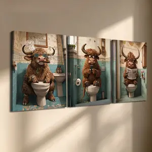 3 Pcs/Set Wooden-Framed Canvas Painting, Funny Highland Cow on Toilet Triptych Canvas Wall Art, Whimsical Bathroom Humor Print for Living Room, Bedroom, Office Decoration, Modern Home Decor, Fashion Artistic Ornaments, Artwork