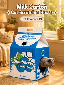 Milk Carton / Juice Box Cardboard Cat Scratcher Condo House Box 22.6in, Durable Cat Furniture for Indoor Cats, Cute & Fun