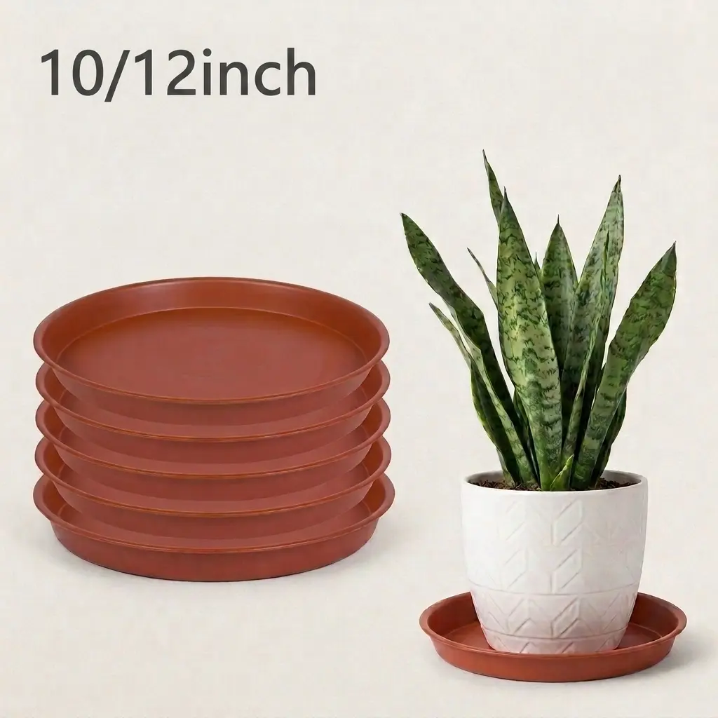 5-Piece Heavy Duty Round Plastic Pot Trays Set - 10-in/12 In Thick Clay-Design Trays with Floor Protection & Waterproof Rim, Durable Multi-Functional for Flowerpots/Bird Baths, Indoor/Outdoor Home Supplies