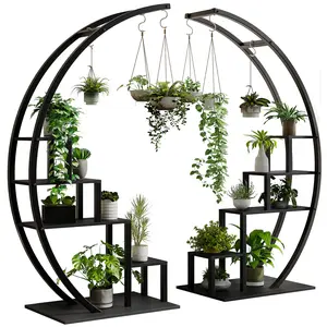 GARVEE Tall Plant Stand Curved Metal Plant Stand [5 Tier] [Half Moon] [6 Hooks] for Indoor Living Room Patio Balcony 2 Pack