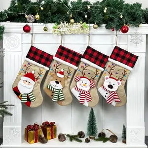 Farmhouse Christmas Stockings Set - Plaid Burlap Stockings with Santa Snowman Reindeer Polar Bear for Home