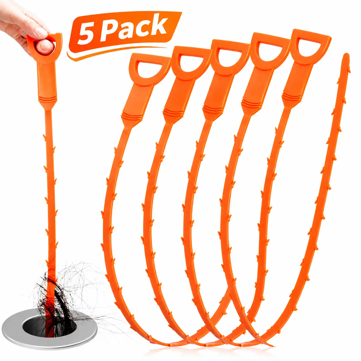 20-Inch Drain Snake Hair Clog Remover, 5 Pack Flexible Drain Cleaner Tool for Sink, Shower, Tub & Bathroom Drains, Reusable Hair Removal Tool