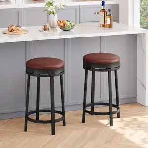 Brown Set of 2 Swivel Bar Stools, 24 Inch Counter Height, Backless Round Design with Footrest, PU Leather Upholstery & Metal Frame, Ideal for Kitchen Island