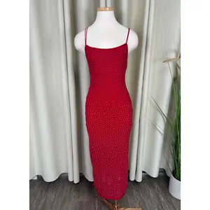 Amaris Red Rhinestone Slit Midi Dress
