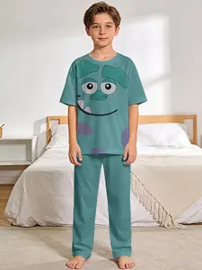 Cute Monster Warm Little Nest 2-Piece Boys' Digital Print Short-Sleeve Pajamas with Extended Sleep Pants, Stylish, Trendy, Casual, Comfortable and Soft Pajama Set, Suitable for Boys' Sleep and Home Leisure, Perfect Gift for Boys