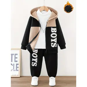2pcs Boys' Casual Fashion Sequin Patchwork -Lined Thickened Letter "BOYS" Print Hooded Zip-Up Jacket and Jogger Pants Set, Comfortable and Versatile Trendy Outfit for Children in Autumn and Winter, Ideal as a Gift, Perfect for Outdoor