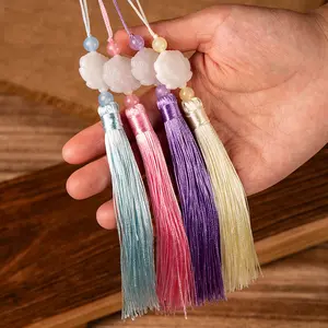 10pcs Chinese Style Tassel Fringe Straps Fake Lotus Jade, DIY Crafts, Fan Pendants, Fashion Bag Charms, Holiday Decorations
