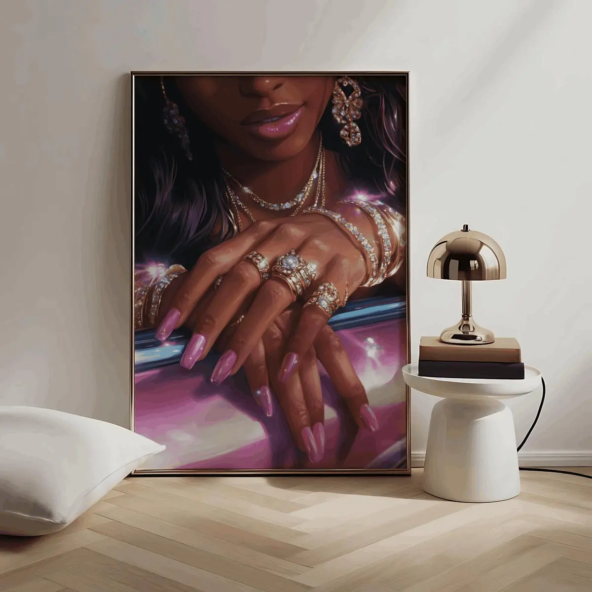 Luxury Black Girl Wall Art – Pink Nails and Diamond Jewelry Bling Aesthetic Print, Afrocentric Barbiecore Pinkcore Poster for Dorm or Apartment Decor, Unframed