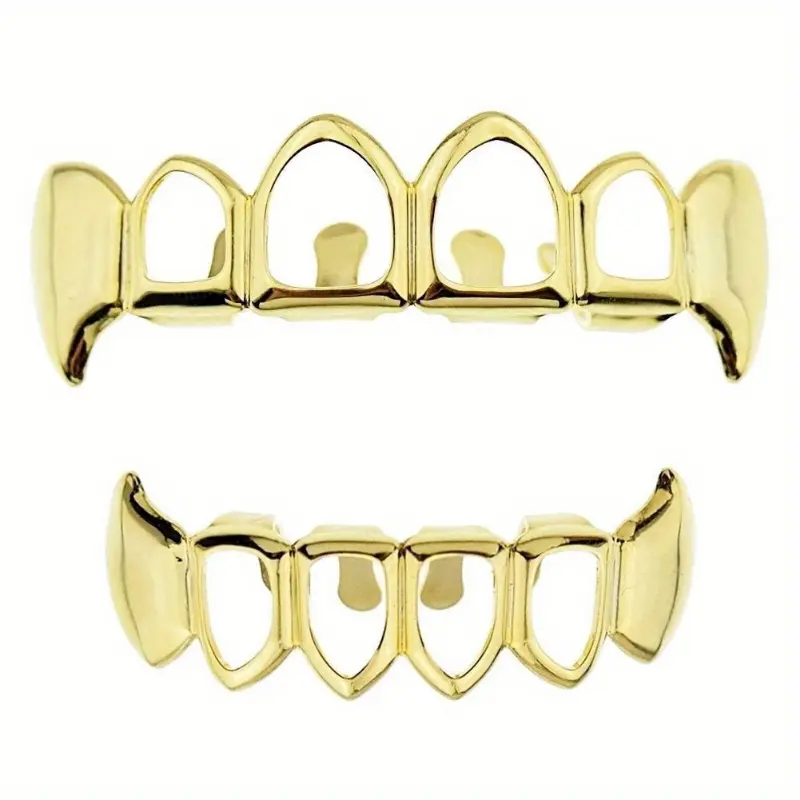 18-Carat Gold Plated Grillz, Hip Hop 2-Piece Copper Set with Rhinestones, Upper and Lower Dental Accessory with Hollow Canines, Two Piece Set