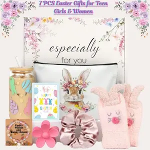 7 PCS Easter Gifts for Teen Girls & Women – Bunny Gift Set with Mug, Socks, Bracelet, Hair Clip & Scrunchie, Easter Basket Stuffers & Cute Gift Ideas