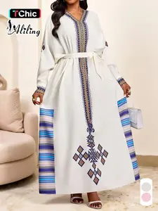 Elegant Geometric Print Women's Dress V Neck Long Sleeve Drawstring Bowknot, Casual Loose-Fitting All Season Fashion Womenswear Elegance