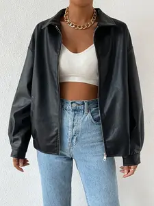 Drop Shoulder Zip Up PU Cropped Leather Jacket cozy fall woman top