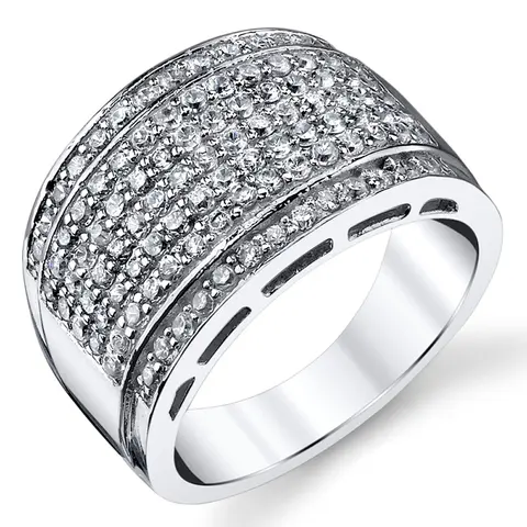 Sterling Silver Men's Wedding Band Ring, 925 Sterling Silver Rhodium-Plated, 13.5mm Wide, Seven Rows Micro Pave Cubic Zirconia, Sizes 5-12, Complimentary Elegant Jewelry Box, Horizontal CZ Plane