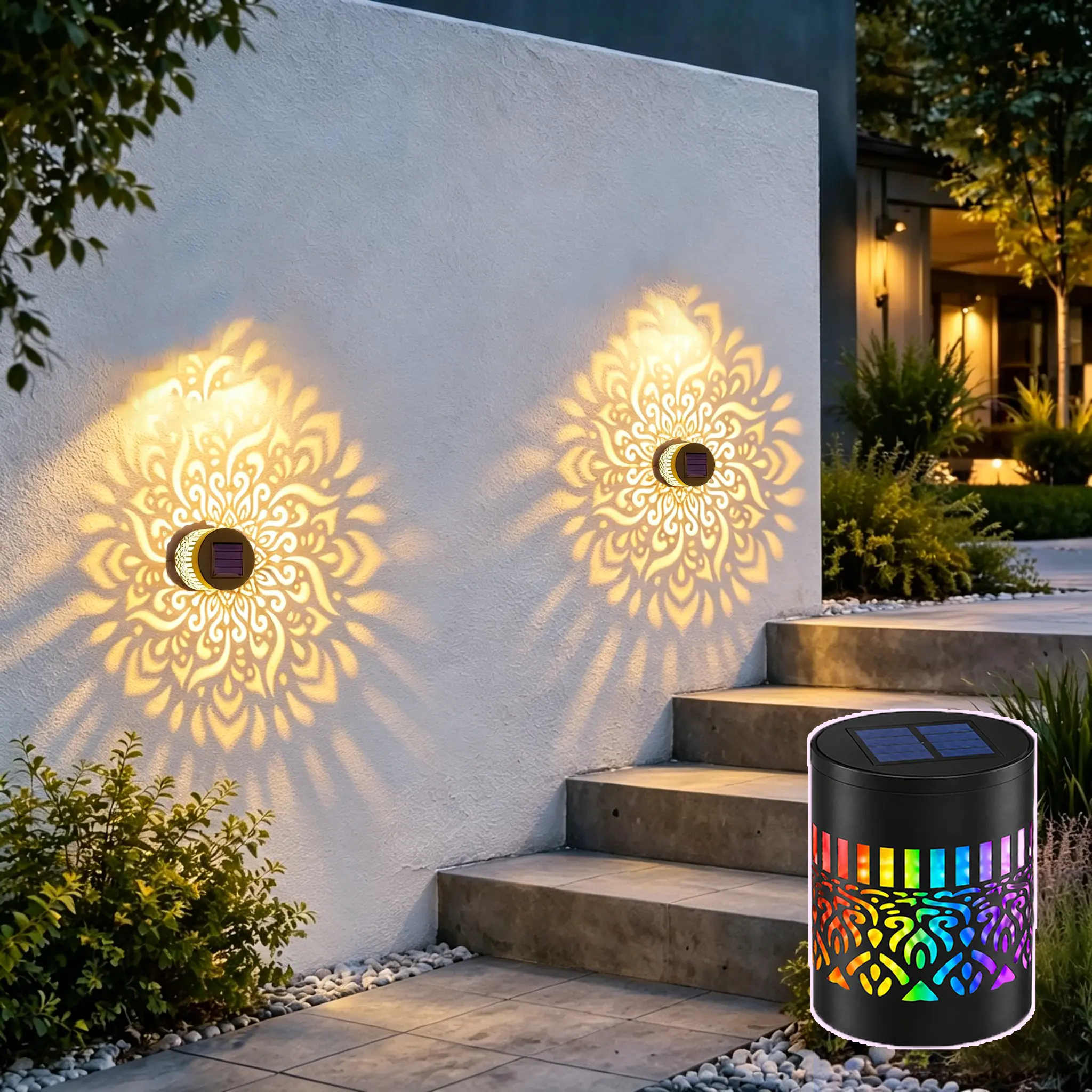 Solar Mandala Projection Outdoor Wall Lights - 7-Color Changing, Waterproof Metal, Hangable Portable Flickering, 1/2/4-Pcs Fence Post Ornaments with Screws for Garden Patio Camping