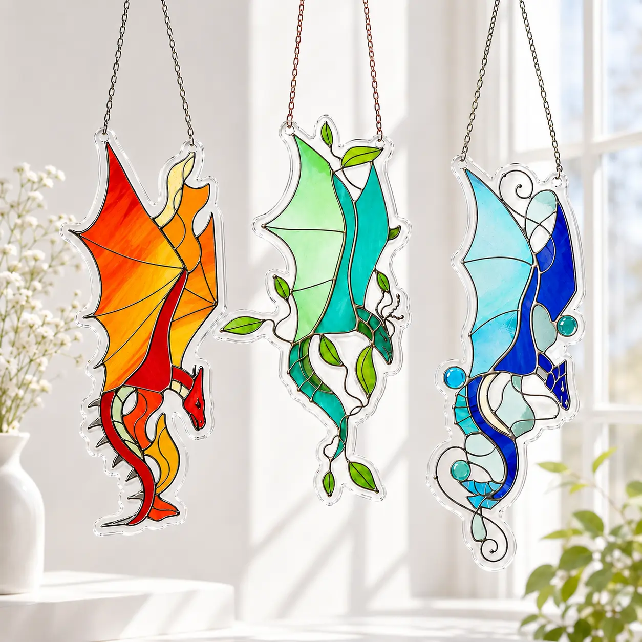 Suncatcher Elemental Dragons Handmade Dragon wall decor Fantasy art Unique wall art Glass wall art Gift for friend Dragon