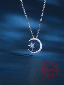 925 Sterling Silver Women's Star & Moon Design Pendant Necklace, Exquisite Trendy Pendant Necklace, Chic Jewelry As Gift for Girlfriend, High End Necklace