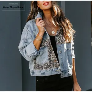 New denim jacket for women, long-sleeved jacket with leopard print patchwork top