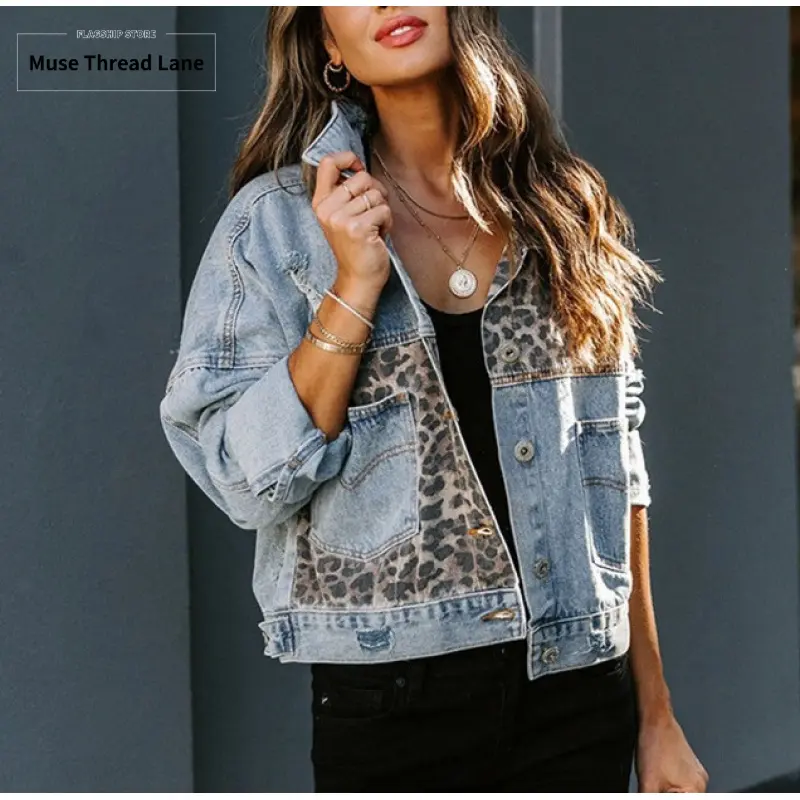 New denim jacket for women, long-sleeved jacket with leopard print patchwork top, Long Sleeve, Coats