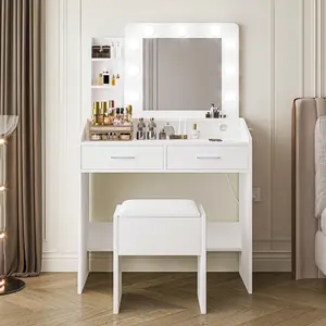 Garvee Modern Makeup Vanity Desk Set with Large Mirrors, Dimmable LED Lights, Multiple Drawers, Power Outlets, USB Ports, Cushioned Stools, Hairdryer Holders, Adjustable Lighting Modes, and Storage Shelves in Various Colors