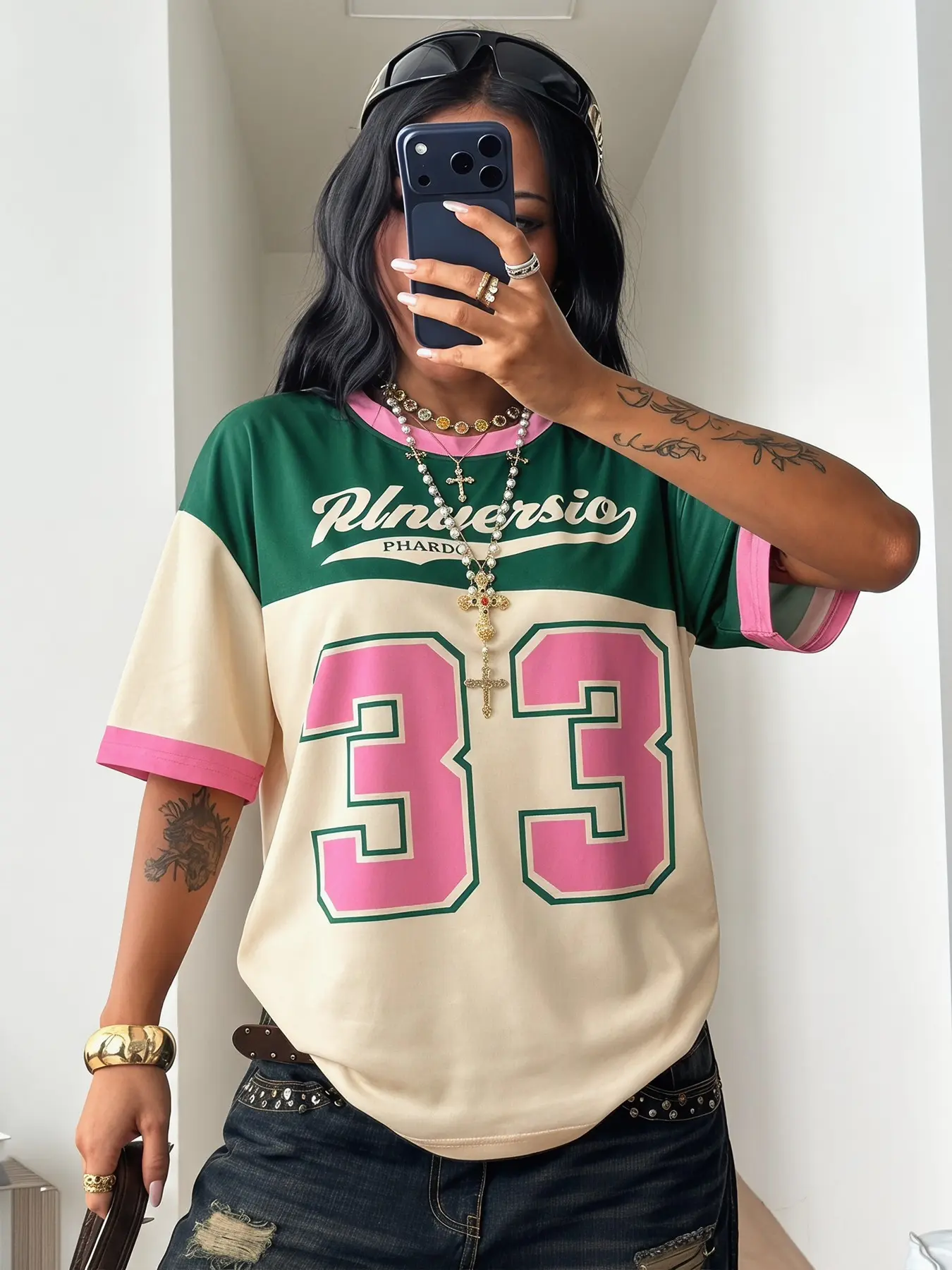 Women's Y2K Vintage 33 Number Color Block Oversized, Baggy Jersey T-Shirt, Retro Sporty Graphic Tee, Casual Streetwear Top for Daily, Vacation, Summer Outings, Loose Fit Crew Neck, Aesthetic 90s/00s Vibe, Trendy Casualwear Chic