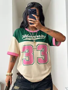 Women's Y2K Vintage 33 Number Color Block Oversized Jersey T-Shirt, Retro Sporty Graphic Tee, Casual Streetwear Top for Daily, Vacation, Summer Outings, Loose Fit Crew Neck, Aesthetic 90s/00s Vibe, Trendy Casualwear, Fashionable, Comfortable, Stylish, Cut