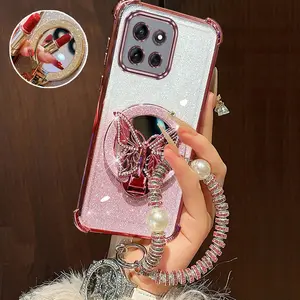 Moto G56 Fashion Series Pearl Strap Lanyard Phone Holder Case For Compatible With Motorola Moto G56 Transparent Glitter Shiny Cover and Impact Resistant Protective Luxury Shiny Mirror Butterfly Protector Cases