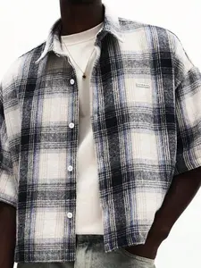 1pc Men's Vintage Y2K Graphic Plaid Shirt Drop Shoulder Loose Fit Short Sleeve Flannel-Texture Streetwear Top Blue