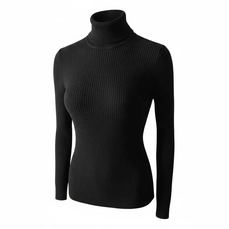 Women's Turtleneck Sweater - Black Ribbed Knit Long Sleeve Top for Everyday Wear