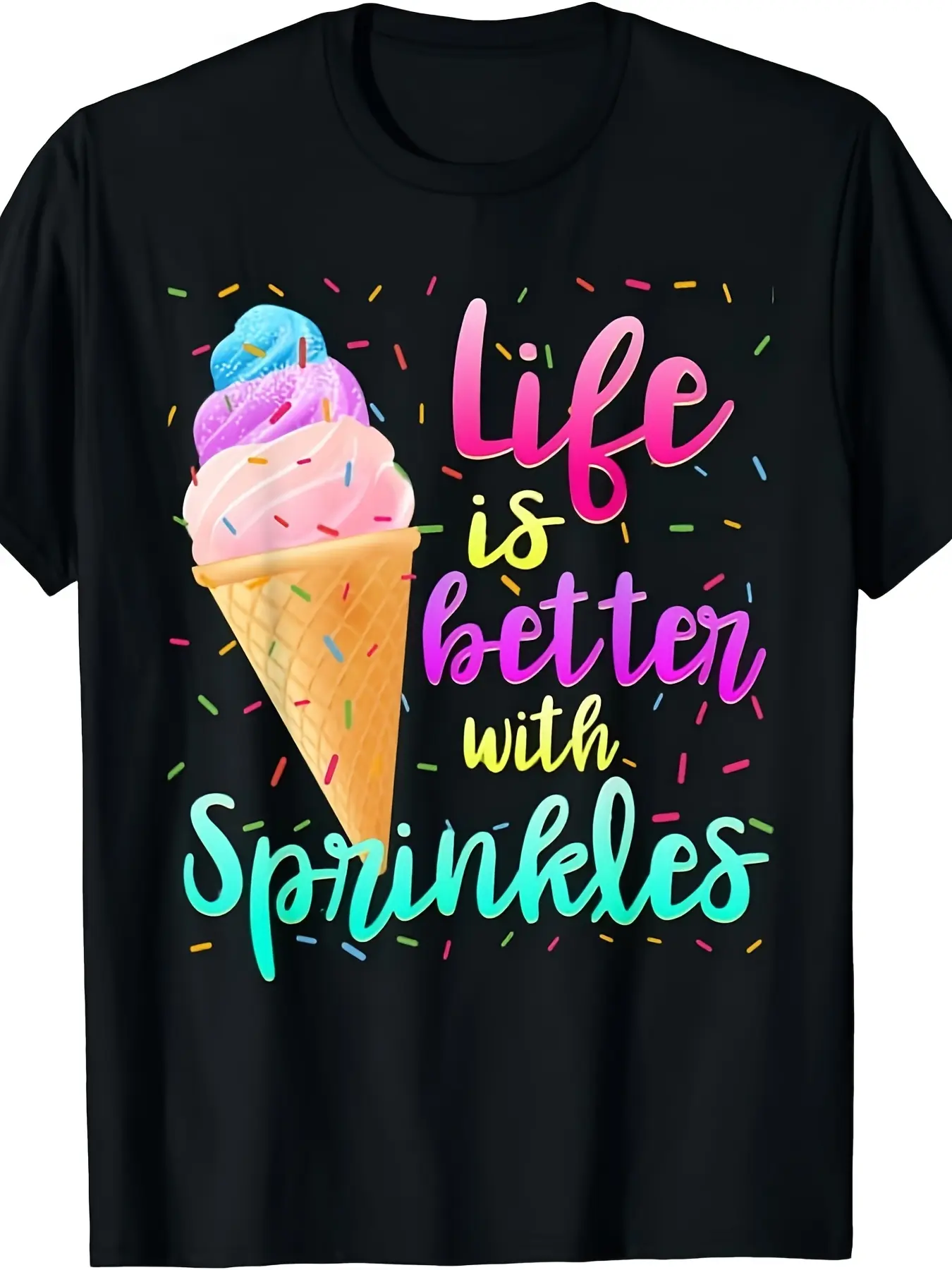 Life is Better with Sprinkles Cute Sweet Ice Cream unisex soft cotton short sleeve t shirt, vintage graphic casual tee for men women teens, perfect birthday holiday gift for camping travel gym daily street  wear