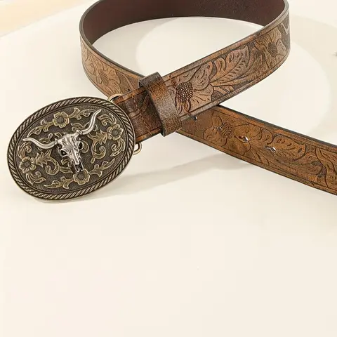 Vintage Flowers Embossed Western Belt with Cow Decor Buckle, Fashion All-match Cowboy Waistband for Jeans, Trendy Accessories for Daily Life, Casual Belt