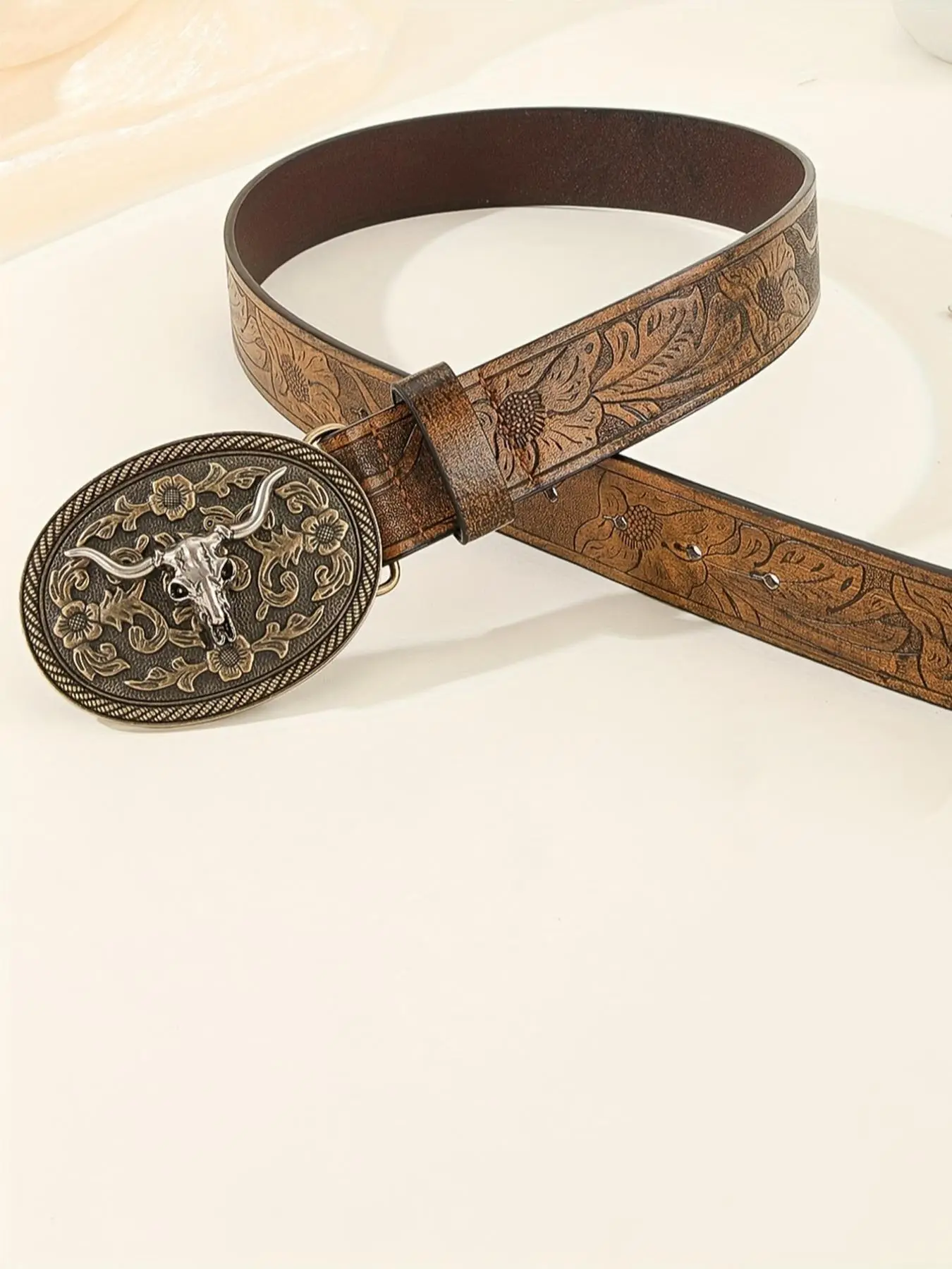Vintage Flowers Embossed Western Belt with Cow Decor Buckle, Fashion All-match Cowboy Waistband for Jeans, Trendy Accessories for Daily Life
