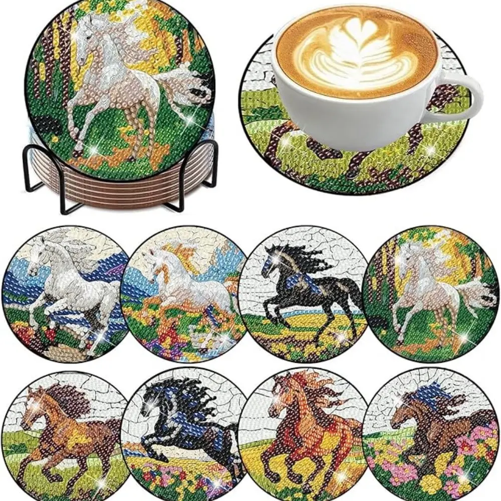 8-piece/diamond art painting coaster set with stand, DIY animal horse pattern diamond art coaster, diamond painting kit for adults and beginners, diamond art craft supplies, exquisite gift for friends