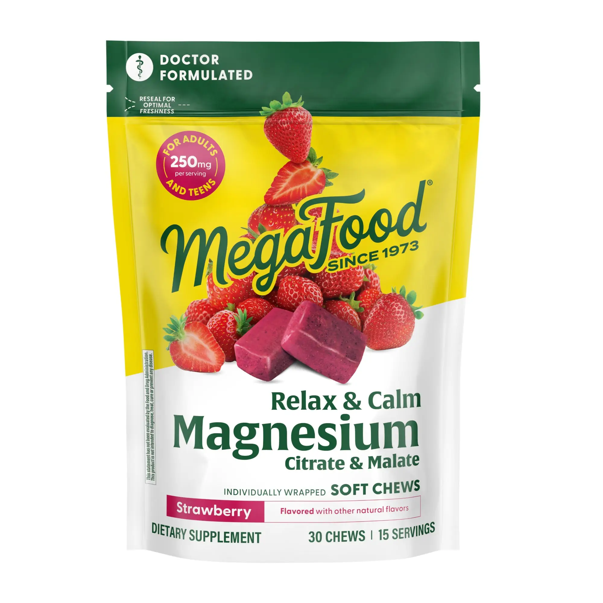 MegaFood Magnesium Soft Chews – Strawberry Flavor. Helps relax the body & promote a sense of calm. 30 Individually Wrapped Chews