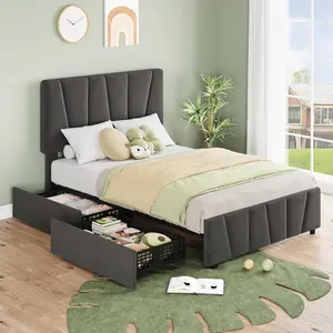 Twin Size Bed Frame with Adjustable Headboard, 2 Storage Drawers, Upholstered Platform Design, Unique Bedroom Furniture Interior,Dark Gray-2 drawers