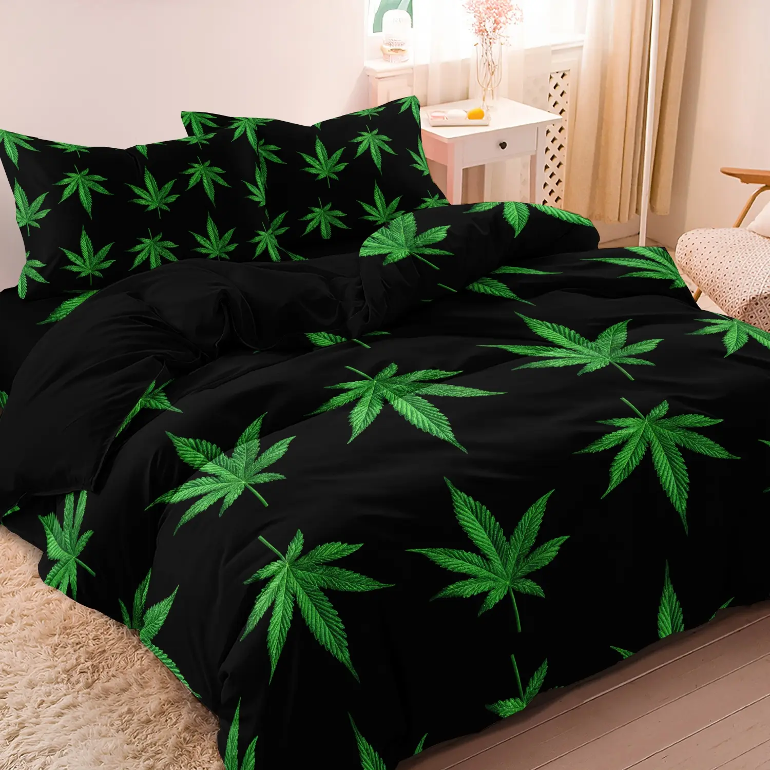 3pcs Green Maple Leaf Print Duvet Cover Set, Printed Bedding Set, Green Plant Pattern Bedding, Soft Breathable Polyester Microfiber, Modern Home Decor, Twin Queen King Size (1 Duvet Cover + 2 Pillowcases,No Core)