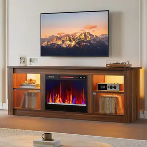 Bestier 63" Modern Electric Fireplace TV Stand for Up to 70" TVs, with Realistic 3D Crystal Flame, RGB Lights & Smart Storage