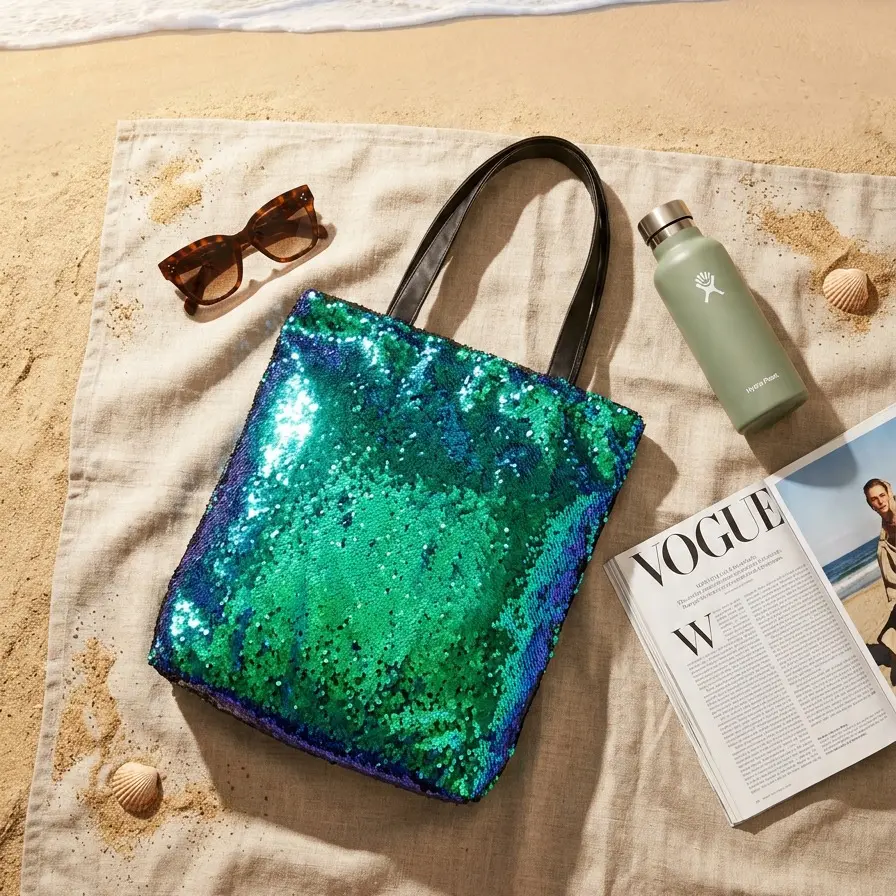 Sequined Tote Bag with Black Handles, Green and Blue Color, Ideal for Everyday Use