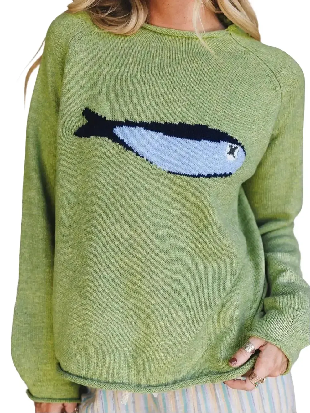 PHEFEE Women's Long Sleeve Knit Sweaters Casual Round Neck Pullover Cute Fish Graphic Fall Jumper Tops